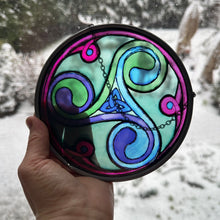Load image into Gallery viewer, Celtic Spiral Wall Decor, Ireland Gift, Stained Glass Celtic Knot, New Home Gift, Irish Wedding Gift, Scottish Gift, Green Durrow Triskele
