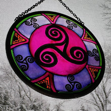 Load image into Gallery viewer, Celtic Spiral Wall Decor, Ireland Gift, Stained Glass Celtic Knot, New Home Gift, Irish Wedding Gift, Scottish Gift, Purple Celtic Swirls