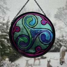Load image into Gallery viewer, Celtic Spiral Wall Decor, Ireland Gift, Stained Glass Celtic Knot, New Home Gift, Irish Wedding Gift, Scottish Gift, Green Durrow Triskele