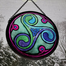 Load image into Gallery viewer, Celtic Spiral Wall Decor, Ireland Gift, Stained Glass Celtic Knot, New Home Gift, Irish Wedding Gift, Scottish Gift, Green Durrow Triskele