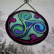 Load image into Gallery viewer, Celtic Spiral Wall Decor, Ireland Gift, Stained Glass Celtic Knot, New Home Gift, Irish Wedding Gift, Scottish Gift, Green Durrow Triskele