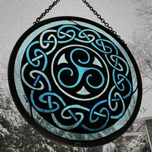 Load image into Gallery viewer, Celtic Spiral Wall Decor, Ireland Gift, Stained Glass Celtic Knot, New Home Gift, Irish Wedding Gift, Scottish Gift, Blue Brenton Triskele
