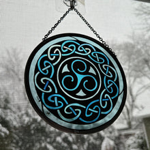 Load image into Gallery viewer, Celtic Spiral Wall Decor, Ireland Gift, Stained Glass Celtic Knot, New Home Gift, Irish Wedding Gift, Scottish Gift, Blue Brenton Triskele