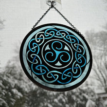 Load image into Gallery viewer, Celtic Spiral Wall Decor, Ireland Gift, Stained Glass Celtic Knot, New Home Gift, Irish Wedding Gift, Scottish Gift, Blue Brenton Triskele