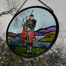 Load image into Gallery viewer, Bagpiper Wall Decor, Scottish Gift, Stained Glass Bagpipes, New Home Gift, Scotland Wedding Gift, Celtic Gift, Highland Bagpiper Gift