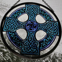Load image into Gallery viewer, Celtic Cross Wall Decor, Ireland Gift, Stained Glass Celtic Knot, New Home Gift, Irish Wedding Gift, Scottish Gift, Blue Celtic Wall Cross