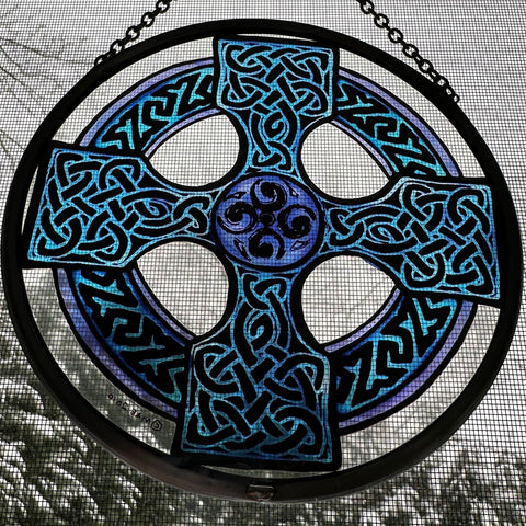 Load image into Gallery viewer, Celtic Cross Wall Decor, Ireland Gift, Stained Glass Celtic Knot, New Home Gift, Irish Wedding Gift, Scottish Gift, Blue Celtic Wall Cross
