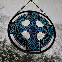 Load image into Gallery viewer, Celtic Cross Wall Decor, Ireland Gift, Stained Glass Celtic Knot, New Home Gift, Irish Wedding Gift, Scottish Gift, Blue Celtic Wall Cross