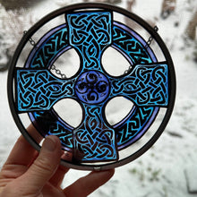 Load image into Gallery viewer, Celtic Cross Wall Decor, Ireland Gift, Stained Glass Celtic Knot, New Home Gift, Irish Wedding Gift, Scottish Gift, Blue Celtic Wall Cross