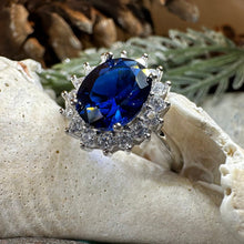 Load image into Gallery viewer, Princess Diana Sapphire Engagement Ring, Large Blue Ring, Cocktail Ring, Celtic Statement Ring, Anniversary Gift, Ladies Promise Ring