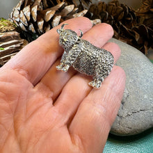 Load image into Gallery viewer, Highland Cow Brooch, Highland Coo, Scottish Pin, Anniversary Gift, Scotland Pin, Cow Lover Gift Cattle, Rancher, Silver Hairy Coo, Wife Gift