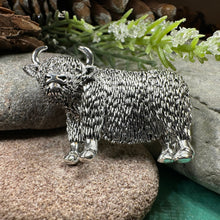Load image into Gallery viewer, Highland Cow Brooch, Highland Coo, Scottish Pin, Anniversary Gift, Scotland Pin, Cow Lover Gift Cattle, Rancher, Silver Hairy Coo, Wife Gift