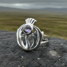 Load image into Gallery viewer, Thistle Ring, Celtic Ring, Scotland Ring, Amethyst Ring, Scottish Ring, Outlander Jewelry, Nature Ring, Thistle Jewelry, Mom Gift, Wife Gift
