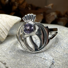 Load image into Gallery viewer, Thistle Ring, Celtic Ring, Scotland Ring, Amethyst Ring, Scottish Ring, Outlander Jewelry, Nature Ring, Thistle Jewelry, Mom Gift, Wife Gift
