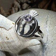 Load image into Gallery viewer, Thistle Ring, Celtic Ring, Scotland Ring, Amethyst Ring, Scottish Ring, Outlander Jewelry, Nature Ring, Thistle Jewelry, Mom Gift, Wife Gift