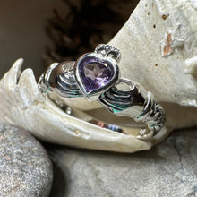 Load image into Gallery viewer, Claddagh Ring, Amethyst Celtic Ring, Irish Jewelry, Celtic Knot Jewelry, Irish Ring, Irish Dance Gift, Anniversary Gift, Bridal Ring