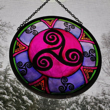 Load image into Gallery viewer, Celtic Spiral Wall Decor, Ireland Gift, Stained Glass Celtic Knot, New Home Gift, Irish Wedding Gift, Scottish Gift, Purple Celtic Swirls
