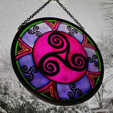 Load image into Gallery viewer, Celtic Spiral Wall Decor, Ireland Gift, Stained Glass Celtic Knot, New Home Gift, Irish Wedding Gift, Scottish Gift, Purple Celtic Swirls