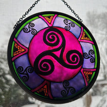Load image into Gallery viewer, Celtic Spiral Wall Decor, Ireland Gift, Stained Glass Celtic Knot, New Home Gift, Irish Wedding Gift, Scottish Gift, Purple Celtic Swirls