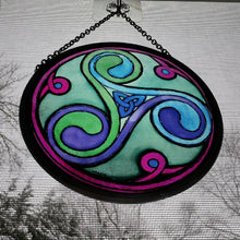 Load image into Gallery viewer, Celtic Spiral Wall Decor, Ireland Gift, Stained Glass Celtic Knot, New Home Gift, Irish Wedding Gift, Scottish Gift, Green Durrow Triskele