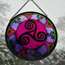 Load image into Gallery viewer, Celtic Spiral Wall Decor, Ireland Gift, Stained Glass Celtic Knot, New Home Gift, Irish Wedding Gift, Scottish Gift, Purple Celtic Swirls