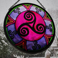 Load image into Gallery viewer, Celtic Spiral Wall Decor, Ireland Gift, Stained Glass Celtic Knot, New Home Gift, Irish Wedding Gift, Scottish Gift, Purple Celtic Swirls