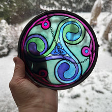 Load image into Gallery viewer, Celtic Spiral Wall Decor, Ireland Gift, Stained Glass Celtic Knot, New Home Gift, Irish Wedding Gift, Scottish Gift, Green Durrow Triskele