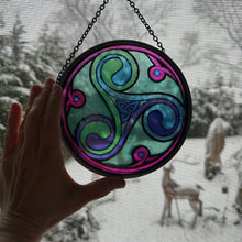 Load image into Gallery viewer, Celtic Spiral Wall Decor, Ireland Gift, Stained Glass Celtic Knot, New Home Gift, Irish Wedding Gift, Scottish Gift, Green Durrow Triskele