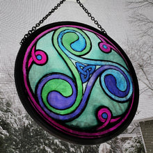 Load image into Gallery viewer, Celtic Spiral Wall Decor, Ireland Gift, Stained Glass Celtic Knot, New Home Gift, Irish Wedding Gift, Scottish Gift, Green Durrow Triskele