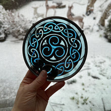 Load image into Gallery viewer, Celtic Spiral Wall Decor, Ireland Gift, Stained Glass Celtic Knot, New Home Gift, Irish Wedding Gift, Scottish Gift, Blue Brenton Triskele