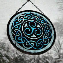 Load image into Gallery viewer, Celtic Spiral Wall Decor, Ireland Gift, Stained Glass Celtic Knot, New Home Gift, Irish Wedding Gift, Scottish Gift, Blue Brenton Triskele