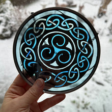 Load image into Gallery viewer, Celtic Spiral Wall Decor, Ireland Gift, Stained Glass Celtic Knot, New Home Gift, Irish Wedding Gift, Scottish Gift, Blue Brenton Triskele