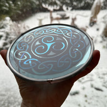 Load image into Gallery viewer, Celtic Spiral Wall Decor, Ireland Gift, Stained Glass Celtic Knot, New Home Gift, Irish Wedding Gift, Scottish Gift, Blue Brenton Triskele