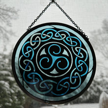 Load image into Gallery viewer, Celtic Spiral Wall Decor, Ireland Gift, Stained Glass Celtic Knot, New Home Gift, Irish Wedding Gift, Scottish Gift, Blue Brenton Triskele