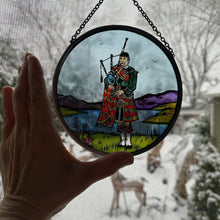 Load image into Gallery viewer, Bagpiper Wall Decor, Scottish Gift, Stained Glass Bagpipes, New Home Gift, Scotland Wedding Gift, Celtic Gift, Highland Bagpiper Gift