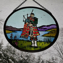 Load image into Gallery viewer, Bagpiper Wall Decor, Scottish Gift, Stained Glass Bagpipes, New Home Gift, Scotland Wedding Gift, Celtic Gift, Highland Bagpiper Gift