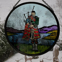Load image into Gallery viewer, Bagpiper Wall Decor, Scottish Gift, Stained Glass Bagpipes, New Home Gift, Scotland Wedding Gift, Celtic Gift, Highland Bagpiper Gift