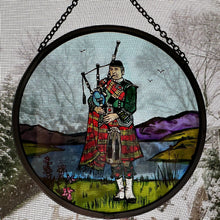 Load image into Gallery viewer, Bagpiper Wall Decor, Scottish Gift, Stained Glass Bagpipes, New Home Gift, Scotland Wedding Gift, Celtic Gift, Highland Bagpiper Gift