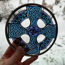 Load image into Gallery viewer, Celtic Cross Wall Decor, Ireland Gift, Stained Glass Celtic Knot, New Home Gift, Irish Wedding Gift, Scottish Gift, Blue Celtic Wall Cross