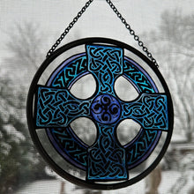 Load image into Gallery viewer, Celtic Cross Wall Decor, Ireland Gift, Stained Glass Celtic Knot, New Home Gift, Irish Wedding Gift, Scottish Gift, Blue Celtic Wall Cross