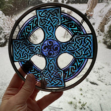 Load image into Gallery viewer, Celtic Cross Wall Decor, Ireland Gift, Stained Glass Celtic Knot, New Home Gift, Irish Wedding Gift, Scottish Gift, Blue Celtic Wall Cross