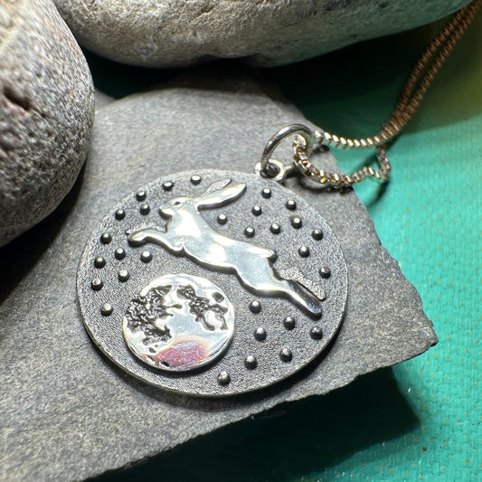 Rabbit Necklace, Nature Jewelry, Full Moon Pendant, Hare Necklace, Bunny, Animal Jewelry, New Beginnings, Inspirational Gift, Wiccan Jewelry