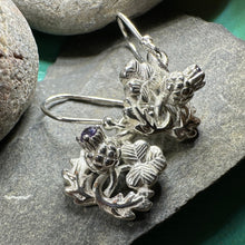 Load image into Gallery viewer, Thistle Earrings, Shamrock Jewelry, Irish Scottish Jewelry, Outlander Jewelry, Amethyst Jewelry, Ireland Mom Gift, Pagan Jewelry, Celtic