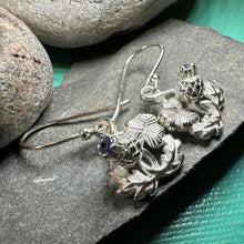 Load image into Gallery viewer, Thistle Earrings, Shamrock Jewelry, Irish Scottish Jewelry, Outlander Jewelry, Amethyst Jewelry, Ireland Mom Gift, Pagan Jewelry, Celtic