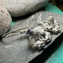 Load image into Gallery viewer, Thistle Earrings, Shamrock Jewelry, Irish Scottish Jewelry, Outlander Jewelry, Amethyst Jewelry, Ireland Mom Gift, Pagan Jewelry, Celtic