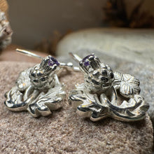 Load image into Gallery viewer, Thistle Earrings, Shamrock Jewelry, Irish Scottish Jewelry, Outlander Jewelry, Amethyst Jewelry, Ireland Mom Gift, Pagan Jewelry, Celtic