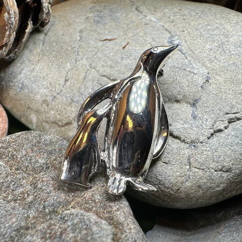 Load image into Gallery viewer, Penguin Brooch, Mother and Child Jewelry, Sterling Silver Brooch, Animal Pin, Family Pin, Mom Gift, Mothers Day Gift, Artisan Pin, Penguins