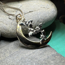Load image into Gallery viewer, Moon Necklace, Bat Necklace, Celestial Jewelry, Mystical Jewelry, Silver Bats Jewelry, Gothic Pendant, Crescent Moon Pendant, Halloween