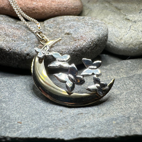 Load image into Gallery viewer, Moon Necklace, Butterflies Pendant, Celestial Jewelry, Mystical Jewelry, Silver Butterfly Jewelry, Gothic Pendant, Crescent Moon Pendant