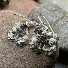 Load image into Gallery viewer, Thistle Earrings, Shamrock Jewelry, Irish Scottish Jewelry, Outlander Jewelry, Amethyst Jewelry, Ireland Mom Gift, Pagan Jewelry, Celtic